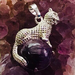 Leopard on Amethyst Gemstone Crystal Ball Pendant